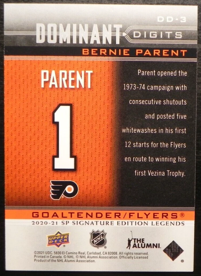 2020-21 20/21 SP Signature Edition Legends Dominant Digits DD-3 Bernie Parent - Image 2 of 2