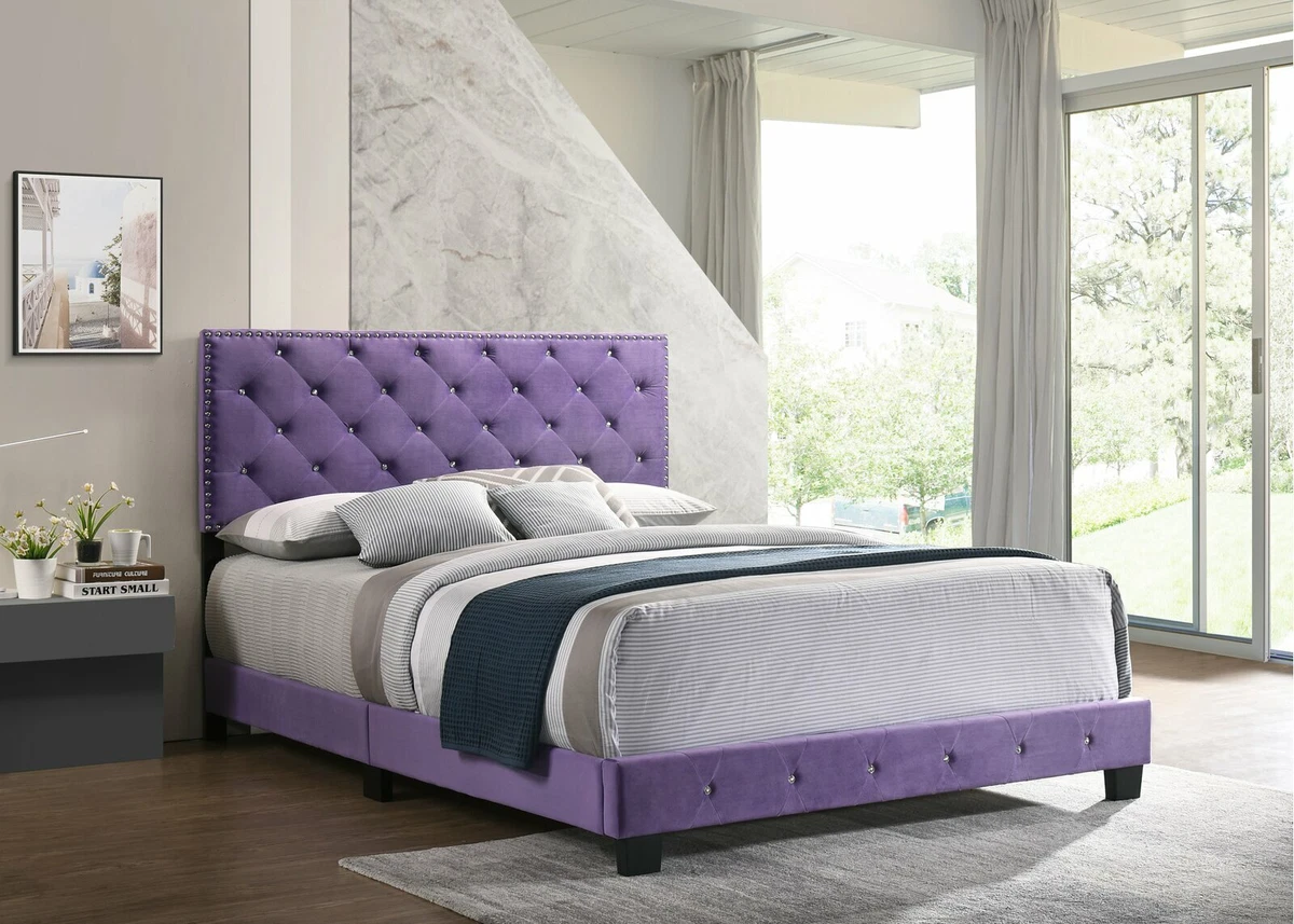 Purple Velvet Upholstered Platform Bed Frame Twin Full Queen King Nail Heads