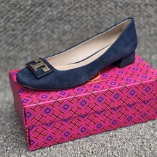 Tory Burch Gigi Suede Pumps Gold Logo Block Heel Royal Navy Womens Size US 8