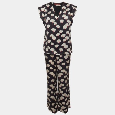 Max Mara Studio Set aus Seidenhose und Top schwarz mit Blumendruck L