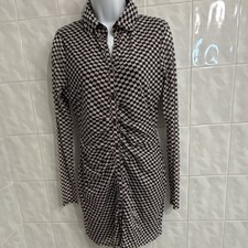 HYFVE Brown White Check Shirt Dress Ruched Button-Down Collared M