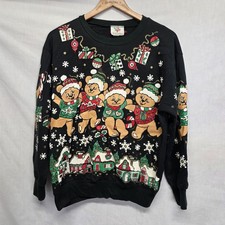 vtg Christmas Crewneck Sweatshirt Size M Black Teddy Bear Fun Holiday Party