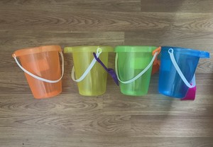 Preowned four 4 BEACH BUCKET sand PAIL HANDLE PLASTIC missing one shovel used