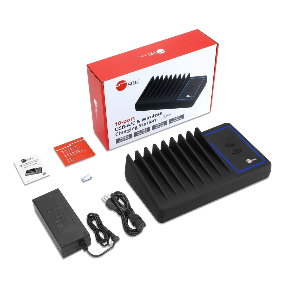 Estación de Carga USB SIIG 10 Puertos 150W con Plataforma de Carga Inalámbrica Qi 6X USB-A Foto 2 de 4