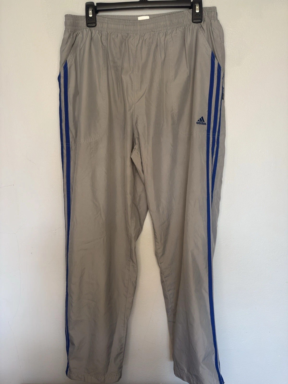 Vintage Adidas Wind Pants Men Gray With 3 Blue Stripes Climaproof Size Large