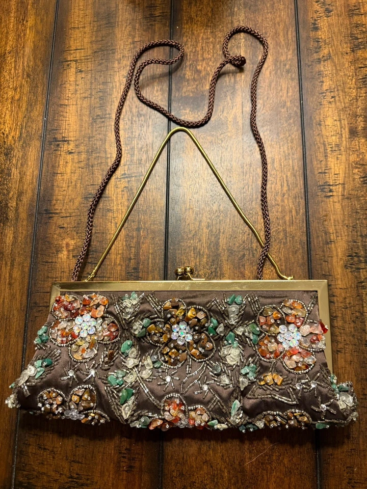 PRESTON & YORK Lined SATIN BEADED Brown Evening Tote Purse Bag Gold Coil Strap - Image 3 of 4