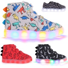 Boys & Girls Light Up Flashing Trainers – Dinosaur or Cheque Boots & Shoes Kids