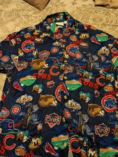 Vintage Lee Sport Chicago Cubs Baseball Hawaiian Style Button Shirt Rayon Size L