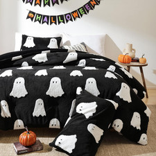 Comforter Set Fleece Queen Halloween Bedding Ghost Pattern Microfiber Cozy
