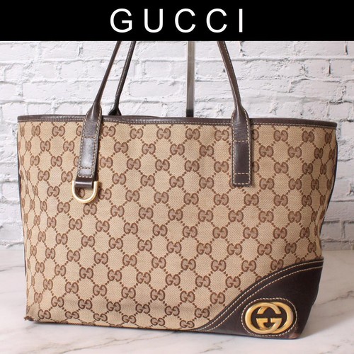 GUCCI GG Tote Hand Bag Magnetic Leather Canvas Brown Beige Gold Hardware Japan