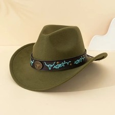 Green Western Cowboy Hat Bull  Turquoise Band Adjustable Felt Wide Brim Cowgirl