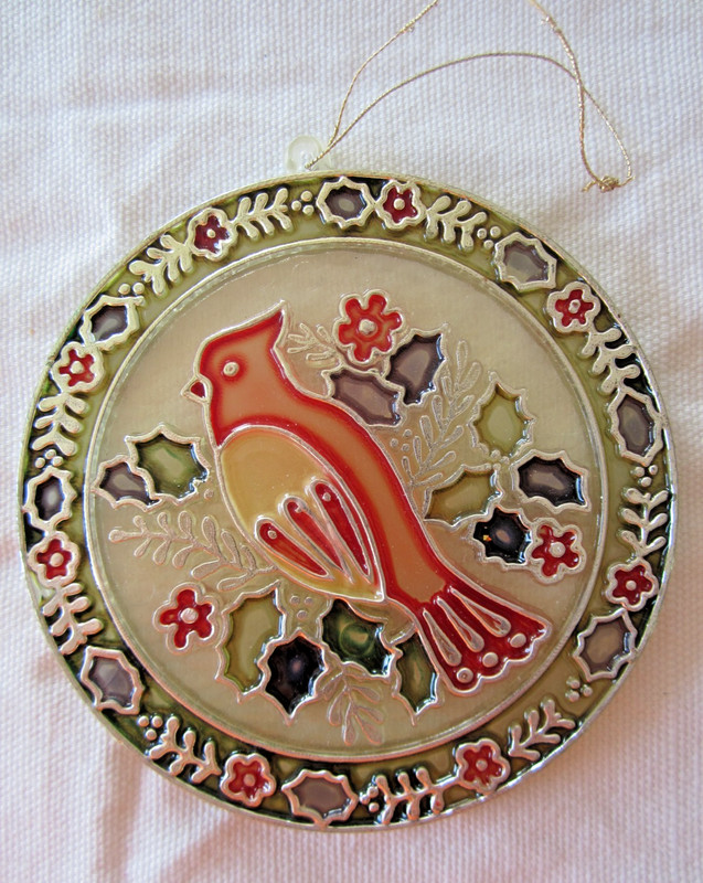 VTG Red Cardinal Bird Xmas Round Suncatcher Ornament Flat Plastic Stain Glass