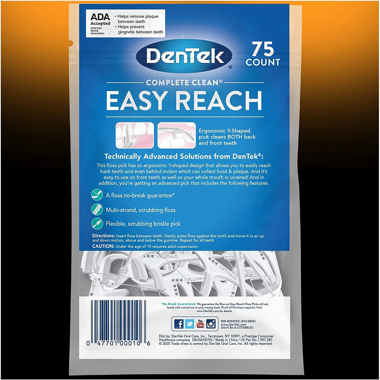 Complete Clean Easy Reach Floss Picks, No Break & No Shred Floss, 75 Count (Pack