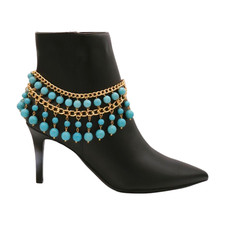 Women Gold Metal Chain Boot Bracelet Shoe Turquoise Blue Anklet Trendy Accessory