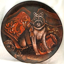 HUGE Painted Dog Plate / Plaque Pug with Ribbon Original Price 175