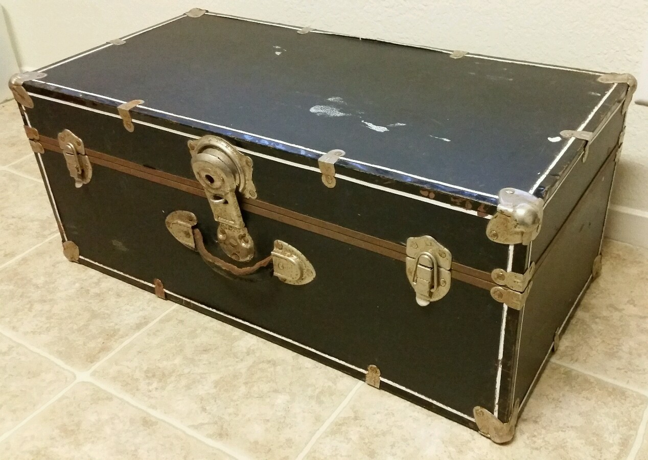 Vintage Black Coffee Table Trunk w/ Metal Corner & Edges Newspaper Lining 28"