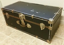 Vintage Black Coffee Table Trunk w/ Metal Corner & Edges Newspaper Lining 28"