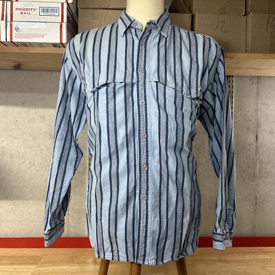 Pier Connection Long Sleeve Button Up Shirt Men s M Medium Blue Vertical Stripes