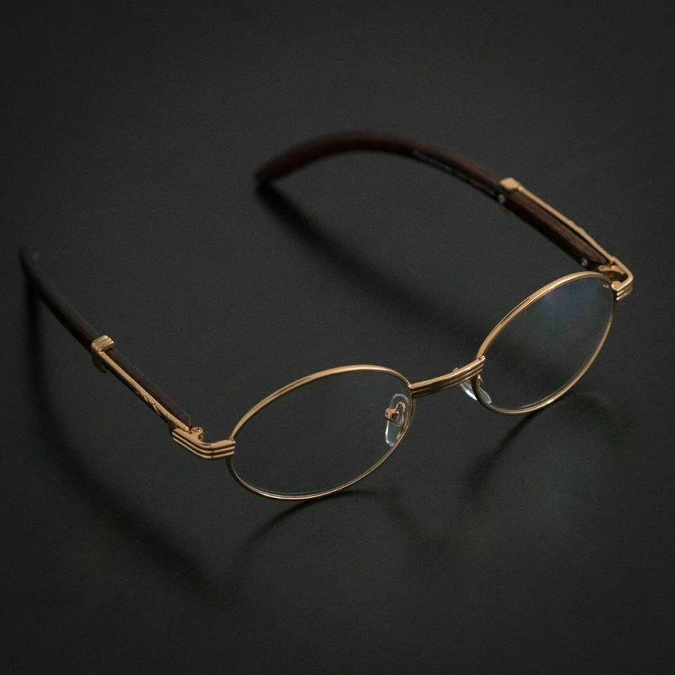 Mens Hip Hop 18k Gold Frame Oval Shape Clear Lens Wood Grain Retro Eye Glasses - Image 2 of 4