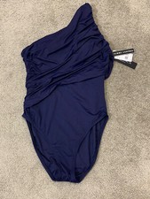 La Blanca Island Goddess Ruched One-Shoulder One-Piece Swimsuit in Indigo Sz 12