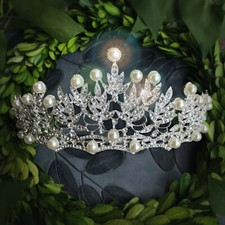 Sparkly Crown, Silver Tone, Rhinestone Pearl Leaf, Bride, Prom