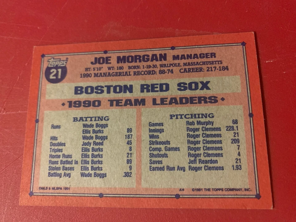 Joe Morgan autographed 1991 RED SOX Topps baseball card #21 - Image 2 of 2