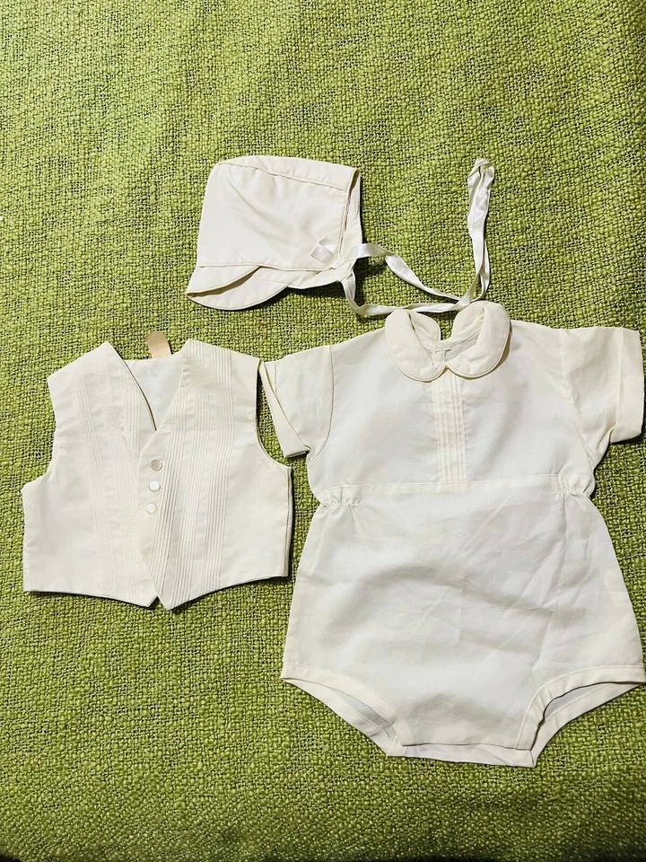 Juego infantil vintage de 3 piezas para niño, parte inferior a presión de una pieza, chaleco, sombrero, amarillo, Foto 2 de 4