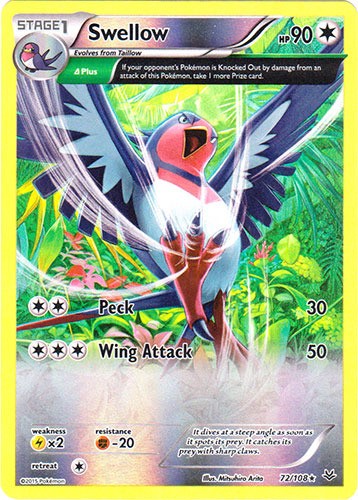 Swellow - 72/108 - Holo Rare - Reverse Holo NM, English Pokemon Roaring Skies
