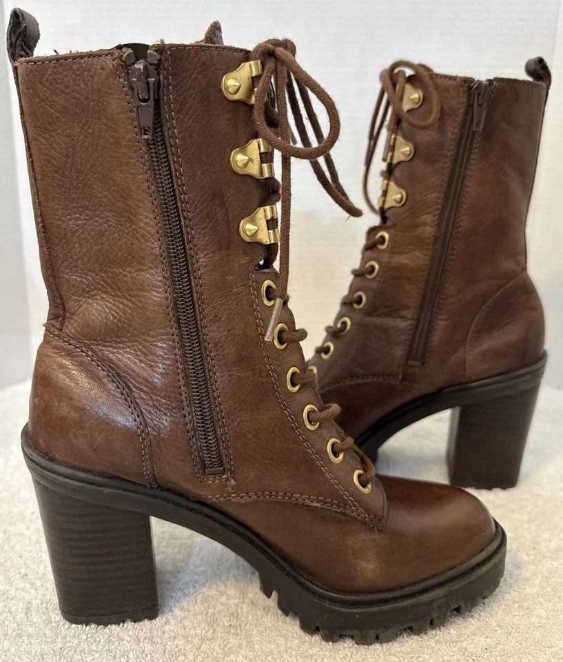 "Botas medias de tacón medio GUESS de cuero marrón con cordones/ cremallera de 4"" talla 6,5" Foto 4 de 4