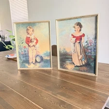 2 Vintage Chums pictures by Jane freeman Wood framed prints Girl w/Cat Boy w/Dog