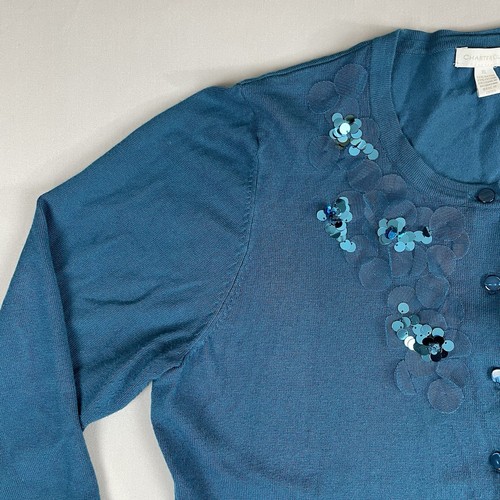 Charter Club Sequin Trim Boxy Cardigan Sweater Women’s XL Teal Blue Preppy - Picture 6 of 14