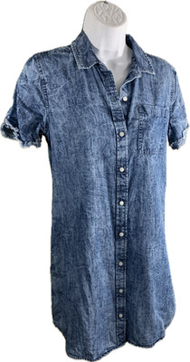 True Craft Denim Look Shirt Dress NWOT S Acid Wash Frayed Button Front S Sleeve