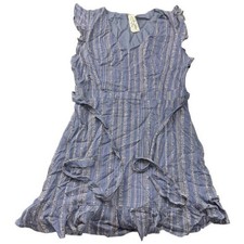 Womens Blue Floral Striped Tie Waist Ruffle Hem Dress |D1