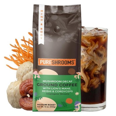 PureShrooms Decaf Mushroom Coffee | Single Origin, Swiss Water, Ground, Infused