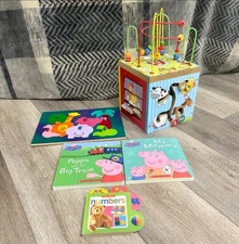 Toddler Toy Lot Wooden Activity Cube, Animal Puzzle & Board Books