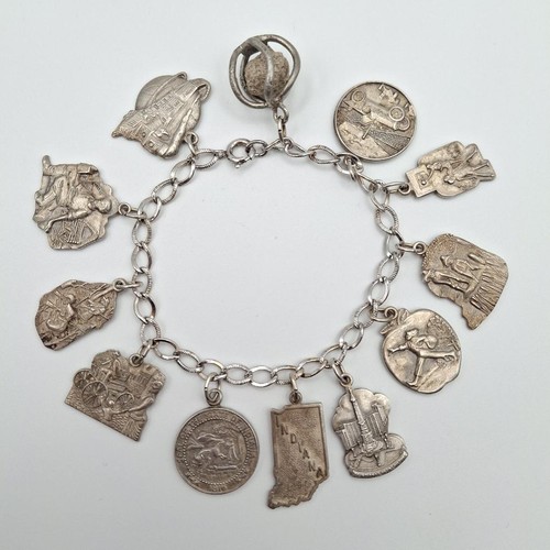 7" Vintage 925 Sterling Silver H Bell Heraldic State of Indiana Charm Bracelet