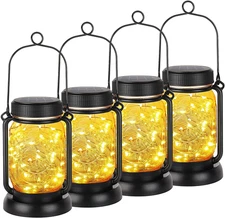 4-Pack Solar Hanging Mason Jar Lanterns Outdoor Waterproof Vintage Warm White