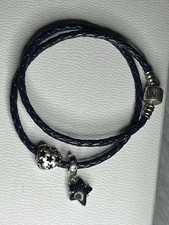 Pandora Lederarmband Dunkelblau+ Herz Charm Mit Sterne und ZUGABE Stern Anhänger