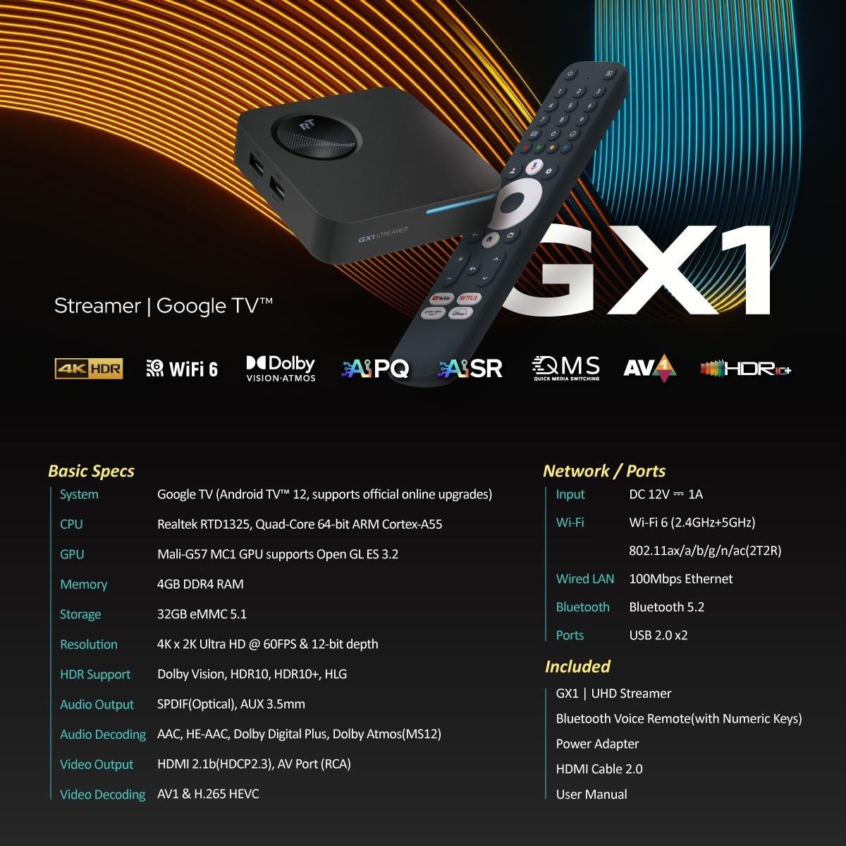RockTek GX1 UHD Streamer - Google TV 4K Streaming Player, HDR, Black 