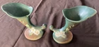 #AA Vintage Roseville Pottery White Rose 2 Cornucopia Vases 143-6" Green &Brown