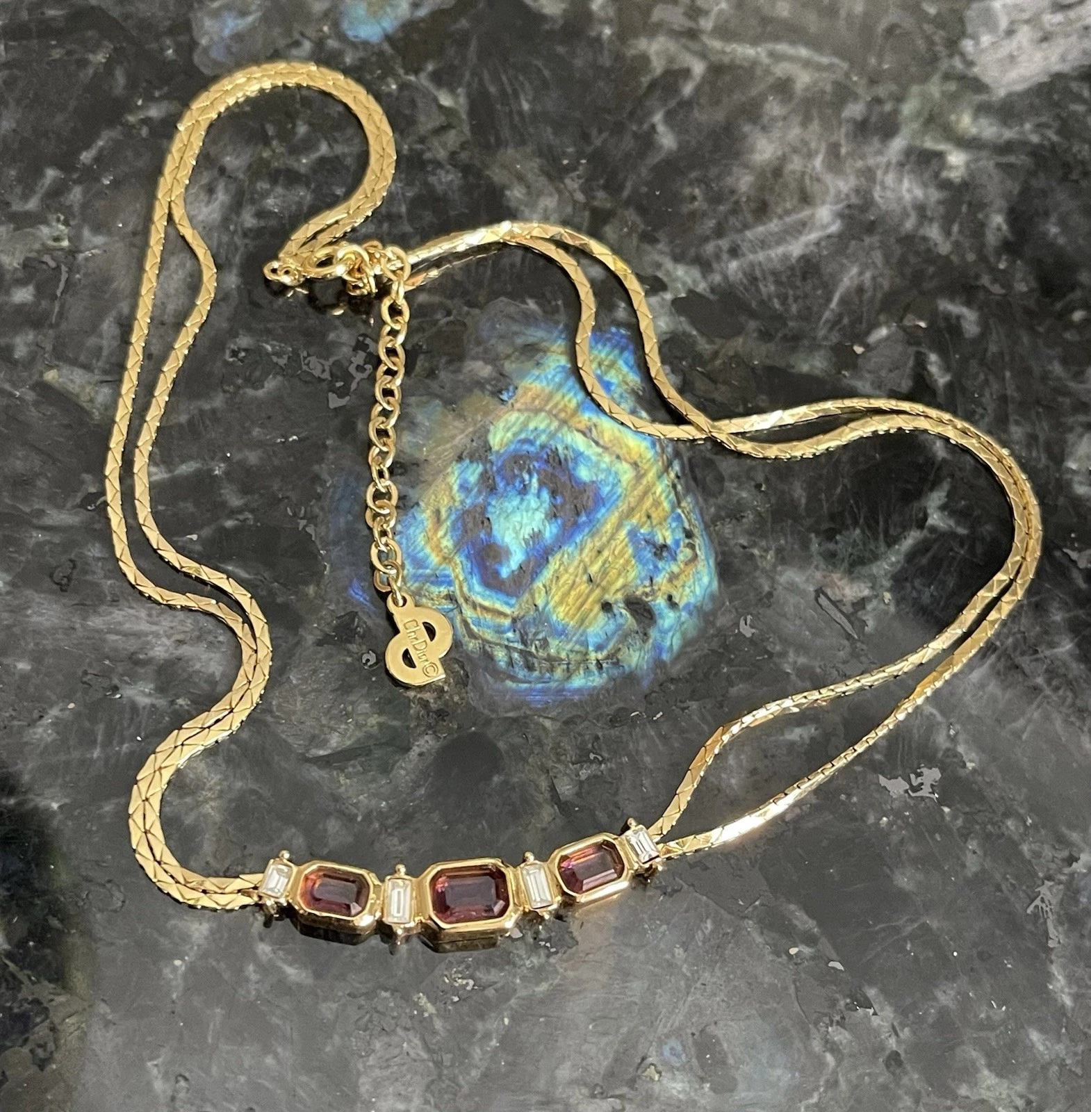 Vintage Chr. Collana girocollo Dior finta ametista e cristallo trasparente 2 catenine tono oro