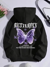 [Motivational Hoodie] Women's Thermal-Lined Hoodie  Black Butterfly & Slogan Pri