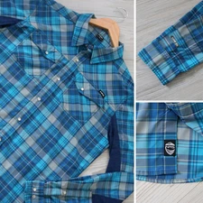 NRS Guide Shirt Men's Medium Blue Plaid Pearl Snap Fishing UPF 35 Outdoor Logo