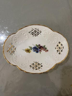 Lichte Fine China GDR Reticulated Floral Trinket Dish Gold Trim East Germany