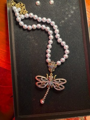 Heidi Daus Dragonfly Pearl Necklace W/ Matching Earrings