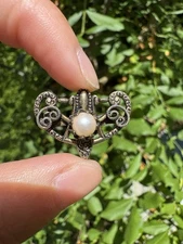 Antique Victorian Revival Brooch Filigree with Cultured Pearl Edwardian Deco Era