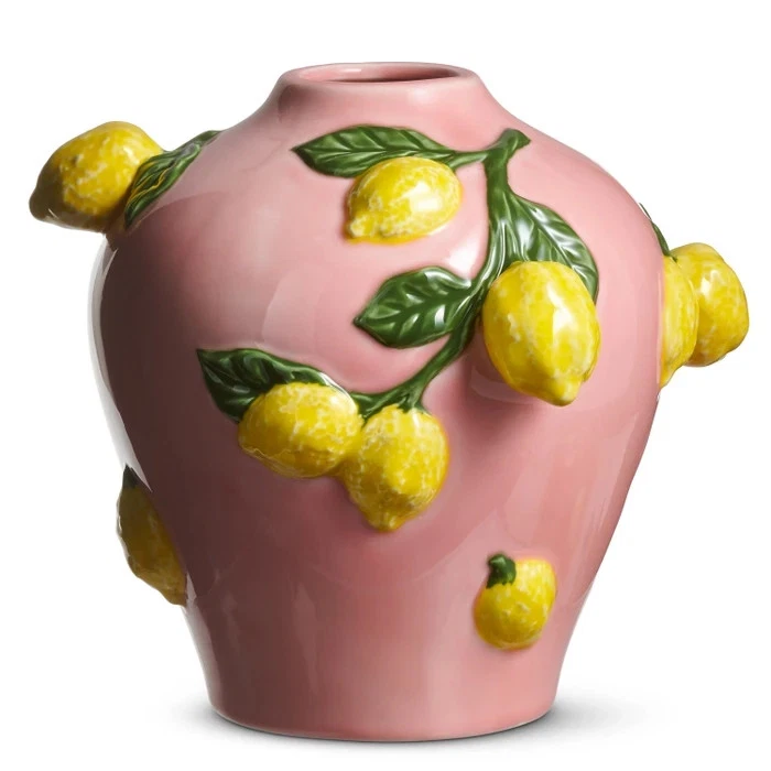 RAZ IMPORTS 9.5''PINK VASE WITH LEMONS