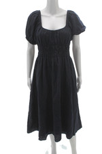 Designer Women Sundress Black Linen Square Neck Short Sleeve Bohemian Size M