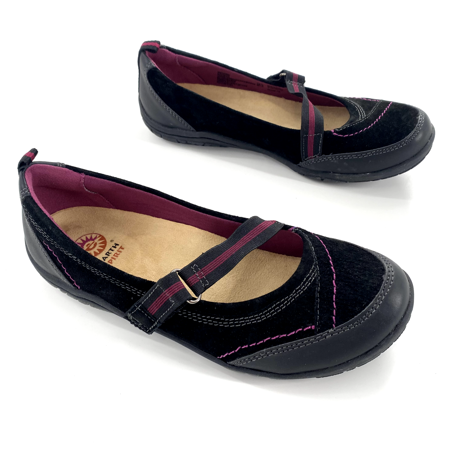 Earth Spirit Closed Toe Mary Jane Comfort Shoes Sz 8 Black Suede Magenta Trim