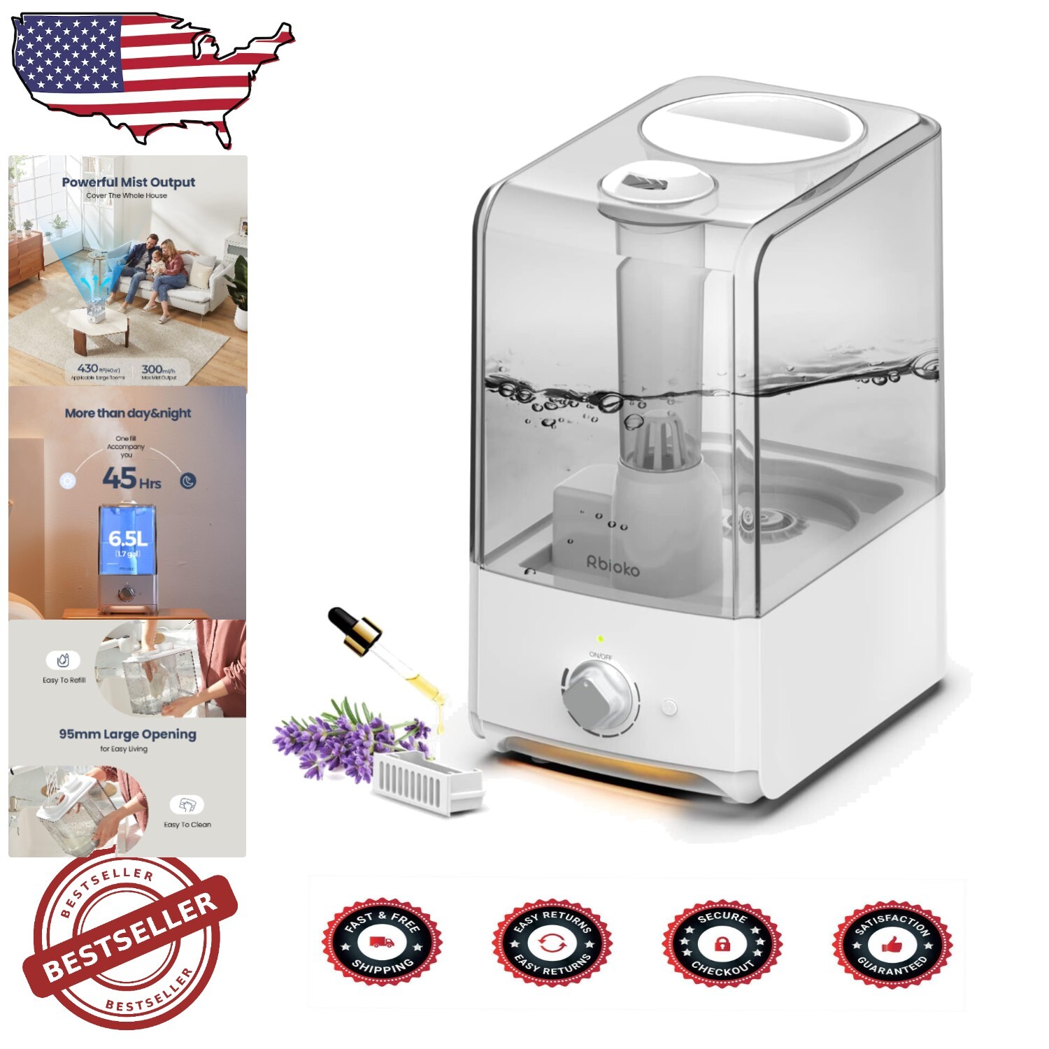 Efficient Ultrasonic Humidifier with Easy-Clean Tank and 360° Mist Control